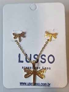Conjunto com pingente de libélula dourado