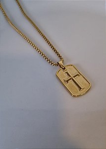 Colar inox dourado masculino com placa e pingente de crucifixo