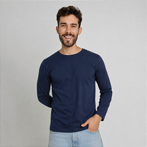 Camiseta Manga Longa 100% Algodão Adulto Unissex Azul Marinho
