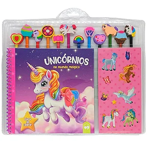 Livro para Colorir Unicórnios no Mundo Mágico - com Lápis de Cor, Borracha e Adesivos
