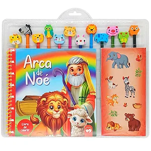 Livro para Colorir Arca de Noé - com Lápis de Cor, Borracha e Adesivos