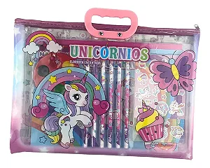 Maleta Divertida Infantil Unicórnios - com Lápis de Cor, Aquarela, Pincel e Adesivos