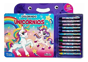 Livro Colorindo Unicórnios - com 30 desenhos + 12 Giz de cera (Magic Kids)