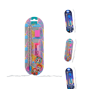 Kit Escolar Win Paper 4 Peças – Lápis, Borracha e Apontador (Rosa e Azul)
