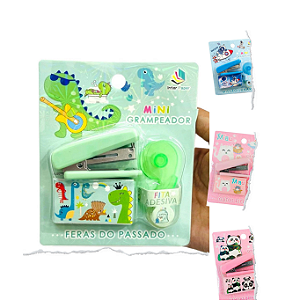 Kit Escolar 4 Peças – Bichinhos com Grampeador (Dinossauro e Astronauta)