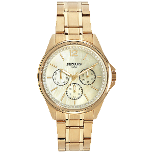 Relógio Seculus Feminino Multifunção Pérola Dourado