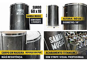 Surdo Phx Madeira Samba Music 60x18 Pvc Titanium