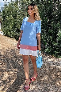 Vestido Decote Quadrado Azul Névoa