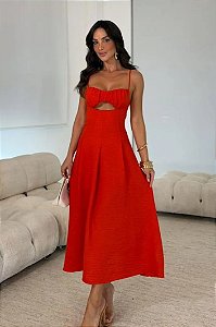 Vestido Midi com Decote Franzido