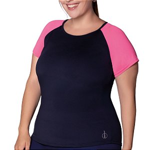 Camiseta Blusinha Academia Plus Marinho e Pink Esportiva Gola Redonda