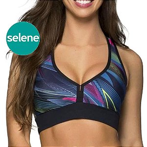 Top Nadador Fitness SELENE Estampado Decote V com Bojo Poliamida Proteção UV50+ Academia Treino