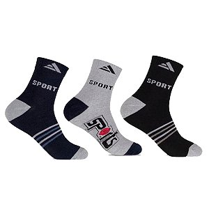 Kit 3 Meias Masculina Cano Alto Escuras Altomax Adulto 39 ao 43 Preta Cinza