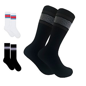 Meia Street Cano Longo Masculina Esportiva 39 ao 43 Preta Branca Listras