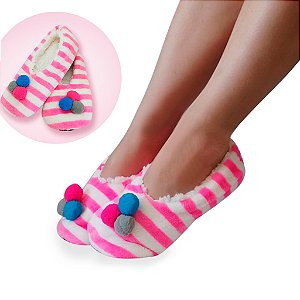 Pantufa Listrada Sola Emborrachada Quente Fofa Sapatinho de Quarto Colorida Forro Peluciado
