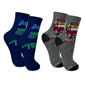 Kit 2 Pares Meias Infantil em Algodão Cano Médio 29 a 34 Menino Estampada