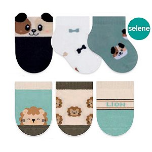 Kit 3 Meias Bebê 0 a 5 Meses Bichinhos Algodão Menino RN Recém Nascido