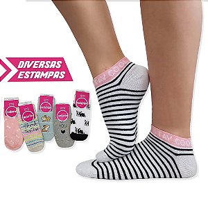 Kit 3 Meia Feminina Divertida Algodão SELENE 34-39 Cano Curto Baixa Bichinhos Meias Coloridas Fofas