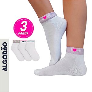 Kit 3 Meias Brancas Algodão Feminina Punho Colorido Meias Esportivas Atoalhada Meia Branca Macia Buky