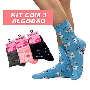 Kit 3 Meias Cano Médio ALGODÃO e Poliamida Estampadas Femininas Meia Divertida Centopé Coloridas 35 ao 39 Alta Qualidade