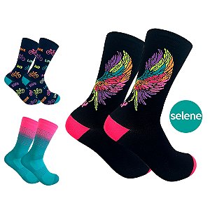 Meia Poliamida Esportiva Cano Médio Feminina Bike Corrida Ciclismo Treino Academia 34 ao 39 Colorida Selene