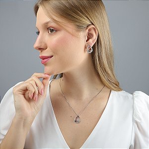 Conjunto Brinco E Colar Gota Vazada Banhado Em Ródio Branco