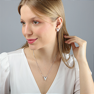 Colar E Brinco Coração Liso Banhado Em Ródio Branco Luxo