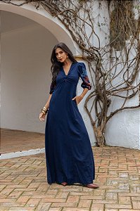 VESTIDO AMARRAÇÃO BORDADO AZUL MARINHO