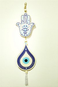 Enfeite de parede hamsá e olho grego em madeira - 50cm