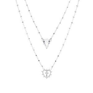 Colar Escapulário com Coração, Cruz e Gota de Cristal de Zircônia Branca