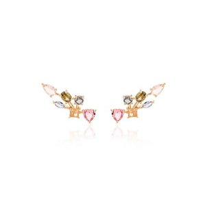 Earcuff com Formas de Cristal Rutilado, Cristal Topázio Azul e Cristal Turmalina Rosa