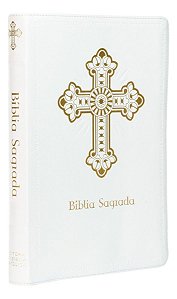 Bíblia Sagrada Católica, Letra Grande, Cruz, Couro-soft Branca, Leitura Perfeita