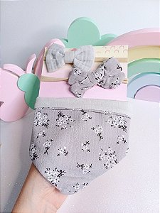 Kit Bandana e faixinha Cinza com florzinhas brancas