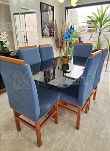 CONJUNTO DE JANTAR MARK 160X090 BLACK - 6 CADEIRAS CANELA AZUL ROYAL MODELO 19