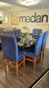 CONJUNTO DE JANTAR MARK 160X090 BLACK - 6 CADEIRAS CANELA AZUL ROYAL MODELO 19