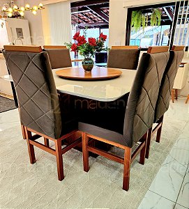 CONJUNTO DE JANTAR MARK 130X130 OFF WHITE - 6 CADEIRAS CANELA MARROM MODELO 19