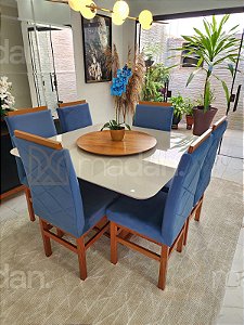 CONJUNTO DE JANTAR MARK 130X130 OFF WHITE - 6 CADEIRAS CANELA AZUL ROYAL MODELO 19