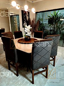 CONJUNTO DE JANTAR MARK 130X130 OFF WHITE - 6 CADEIRAS TABACO MARROM MODELO 19
