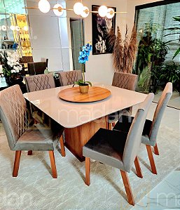 CONJUNTO DE JANTAR MARK 130X130 NOGUEIRA + 6 CADEIRAS MODELO 25 + PRATO GIRATÓRIO