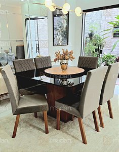 CONJUNTO DE JANTAR MARK 130X130 BLACK - 6 CADEIRAS CANELA CINZA MODELO 25