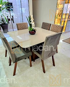 CONJUNTO DE JANTAR MARK 130X130 OFF WHITE - 6 CADEIRAS TABACO CINZA MODELO 25