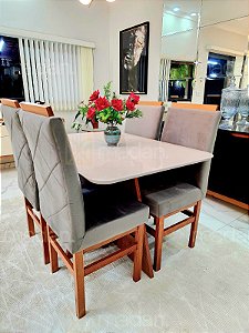 CONJUNTO DE JANTAR MARK 120X090 OFF WHITE - 4 CADEIRAS CANELA CINZA MODELO 19