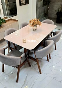 CONJUNTO DE JANTAR AGATHA 160X090 VIDRO OFF WHITE - 6 CADEIRAS LINHO CINZA