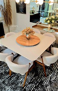 CONJUNTO DE JANTAR AGATHA 130X130 VIDRO OFF WHITE - 6 CADEIRAS LINHO CREME NEVOA