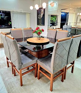CONJUNTO MESA MARK 130X130 NOGUEIRA + 8 CADEIRAS MARK MODELO 19