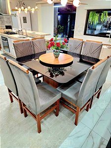 CONJUNTO MESA MARK 130X130 + 8 CADEIRAS MARK MODELO 18 CINZA