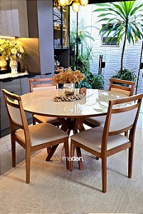 CONJUNTO MESA CECILIA 1,35M REDONDA + 4 CADEIRAS LIZ LINHO CREME