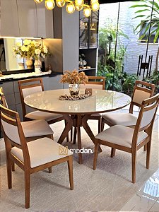 CONJUNTO MESA CECILIA 1,35M REDONDA + 6 CADEIRAS LIZ LINHO CREME