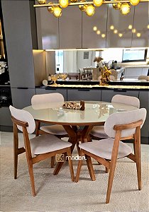 CONJUNTO MESA CECILIA 1,35M REDONDA + 4 CADEIRAS BETINA BOUCLE CREME