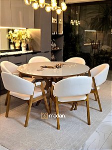 CONJUNTO MESA CECILIA 1,35M REDONDA + 6 CADEIRAS AGATHA LINHO CREME