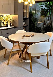 CONJUNTO MESA CECILIA 1,35M REDONDA + 4 CADEIRAS AGATHA LINHO CREME